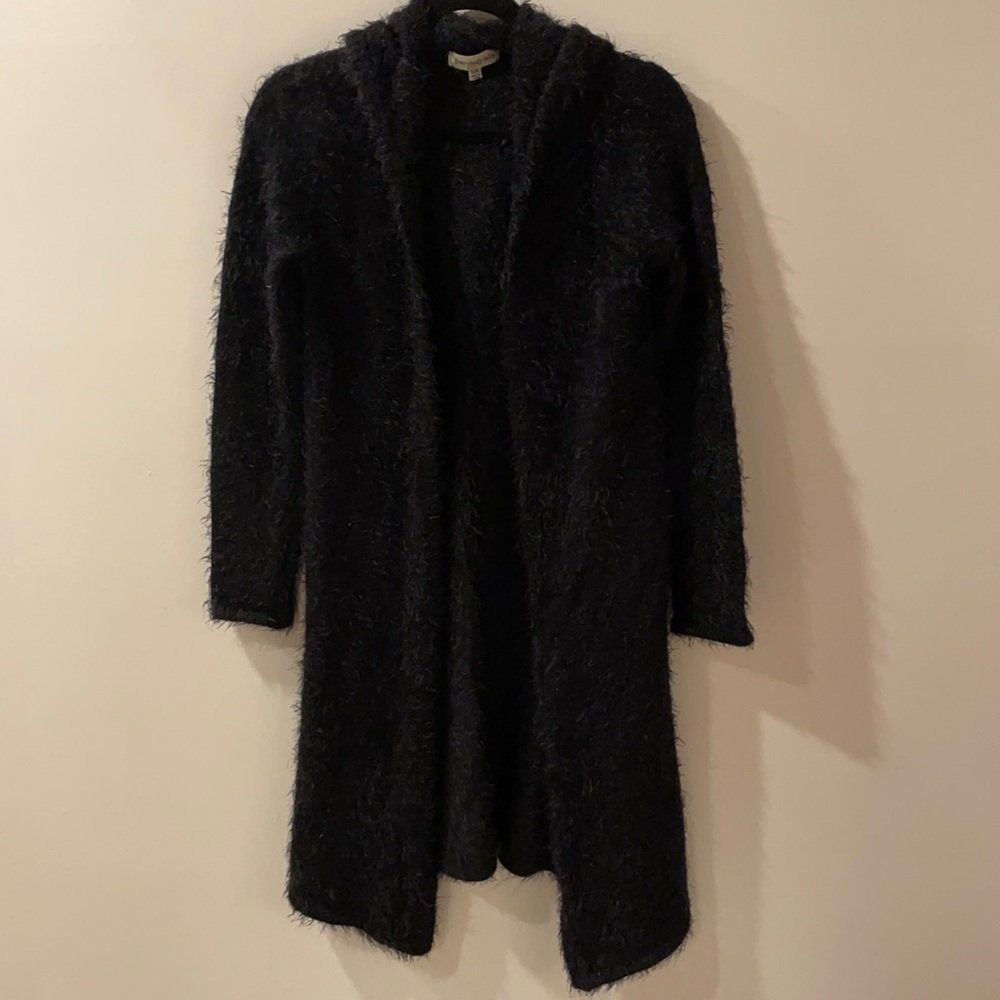 Black, long cardigan sweater w/ hood